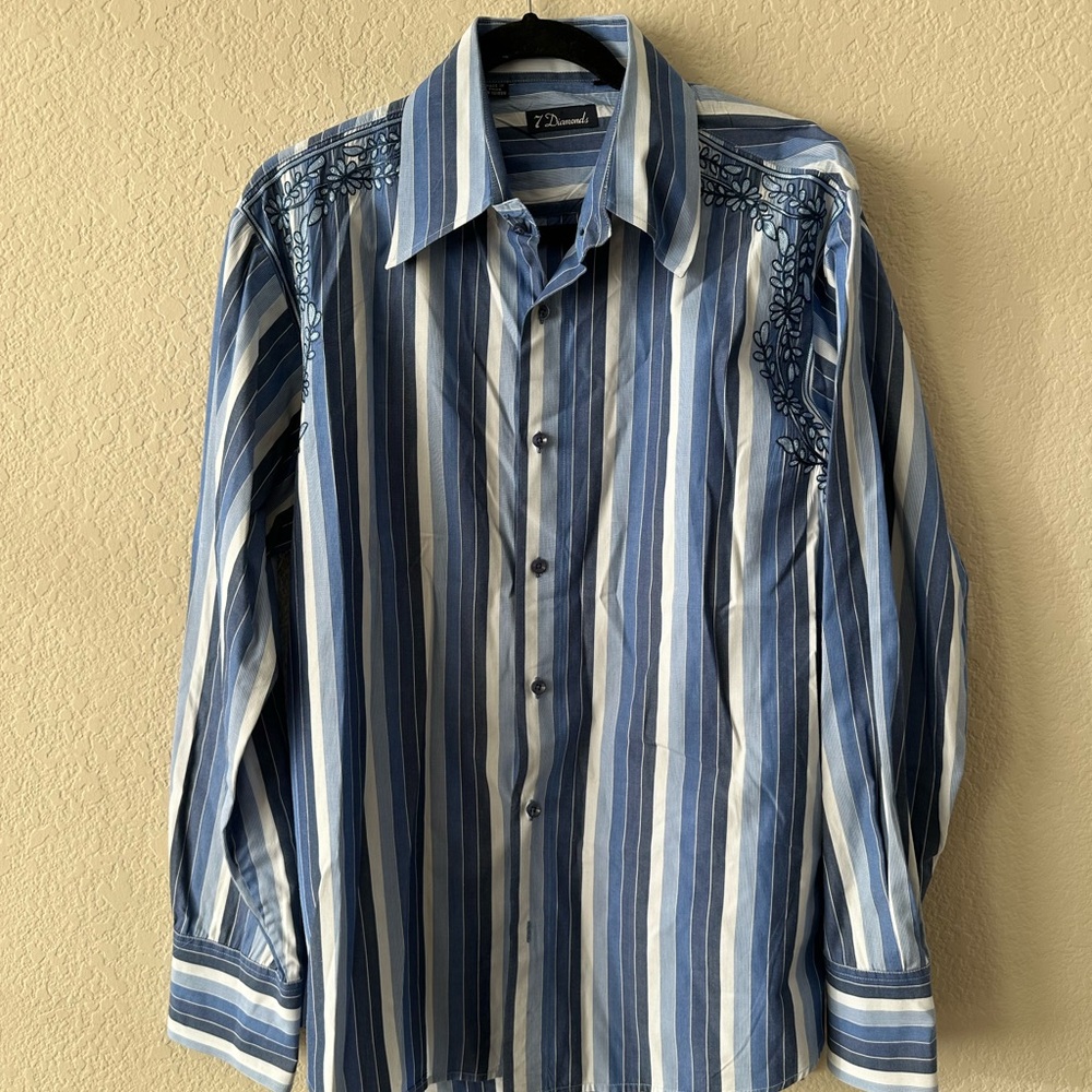 7 Diamonds Blue and White Striped Men's Shirt w/ Floral Embroidery Size XXL